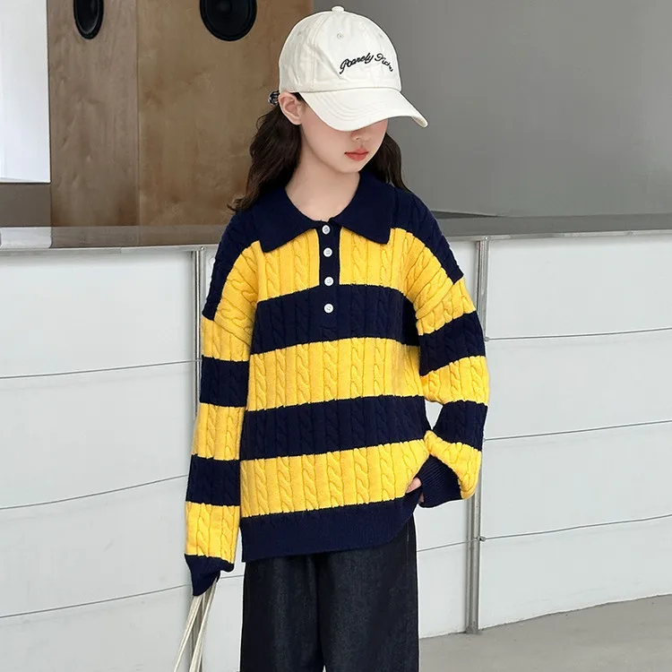 

Girls' Sweater 2025 Autumn New Style Striped Contrast Knitted Sweater, Middle and Large Children's Collar Long Sleeve Top