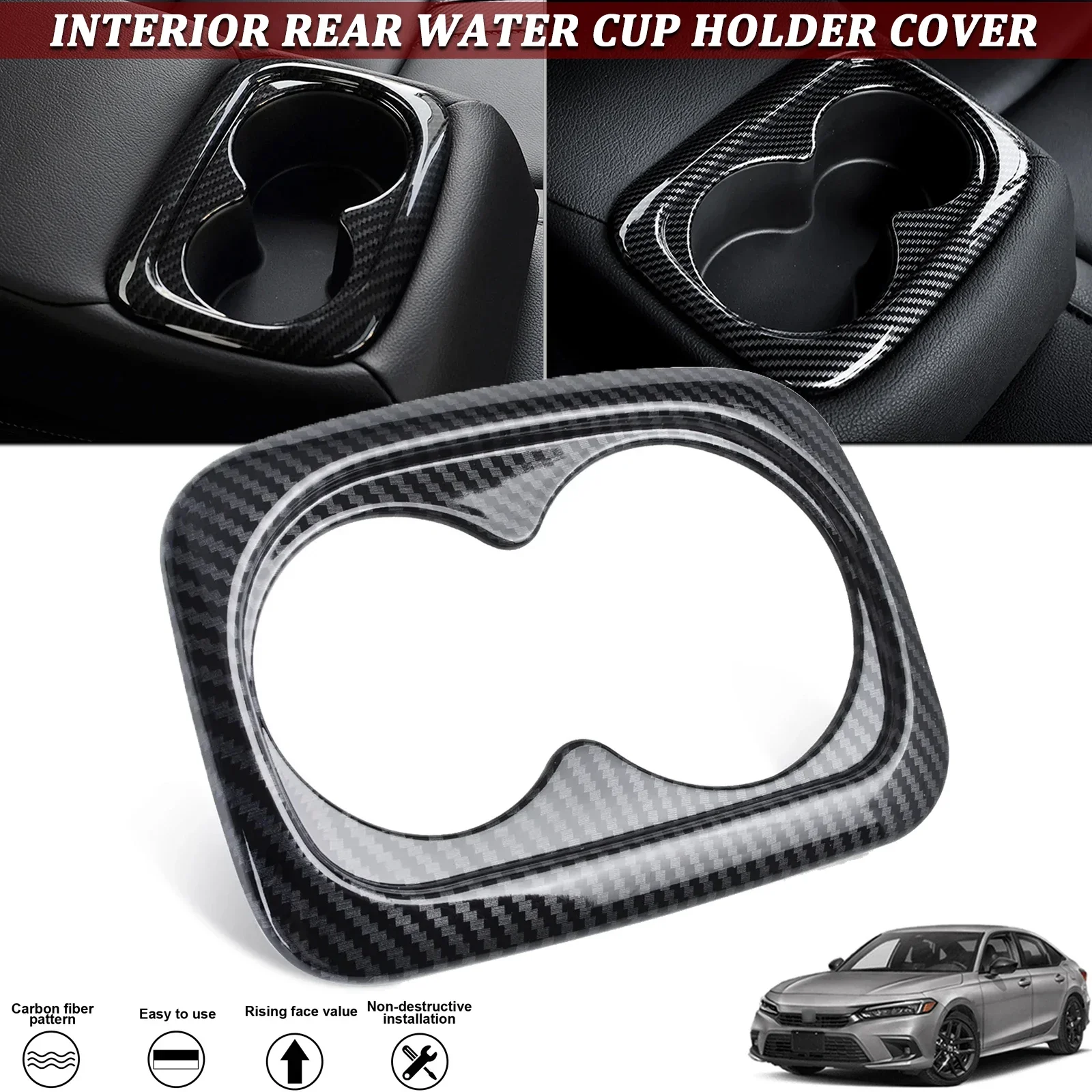 Carbon Fiber Style Interior Rear Armrest Box Water Cup Holder Panel Cover Molding Trim For Honda Civic 10th 11th Gen 2016-2025