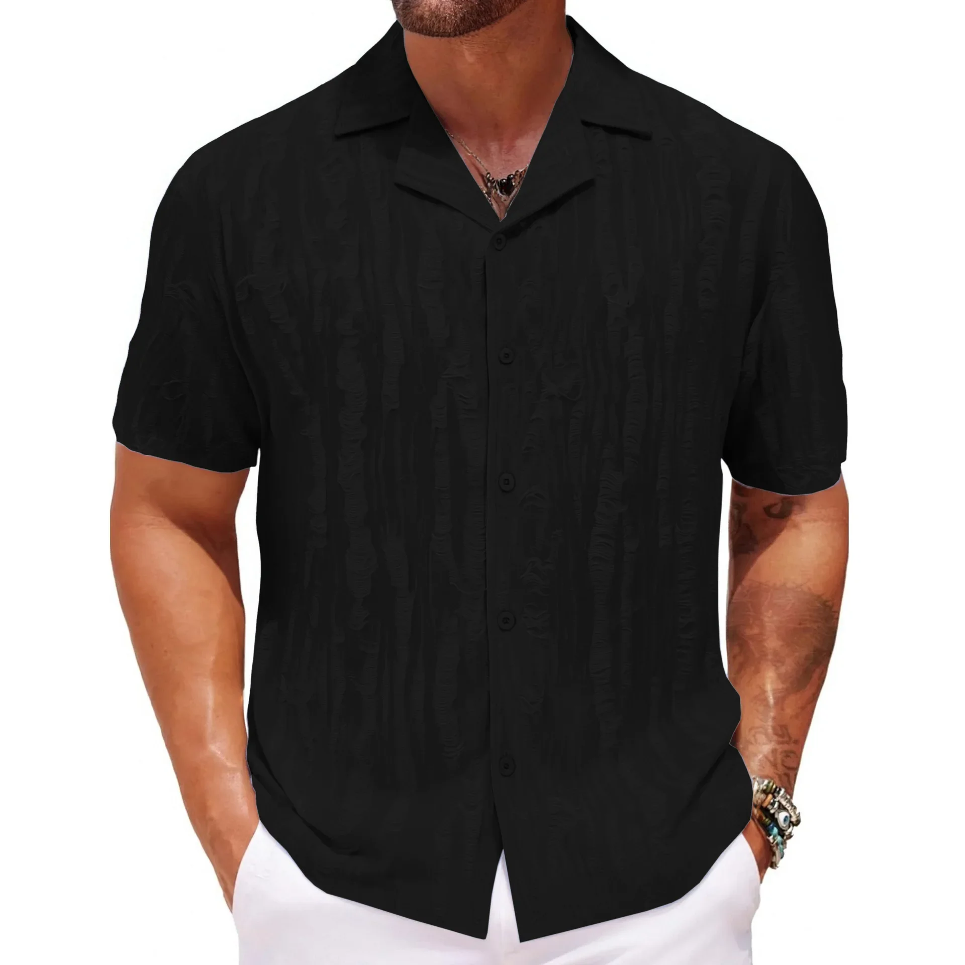 New Men's Summer Top Cuban Collar Short Sleeved Shirt Loose Half Sleeved Hawaiian Shirt Men Clothing L