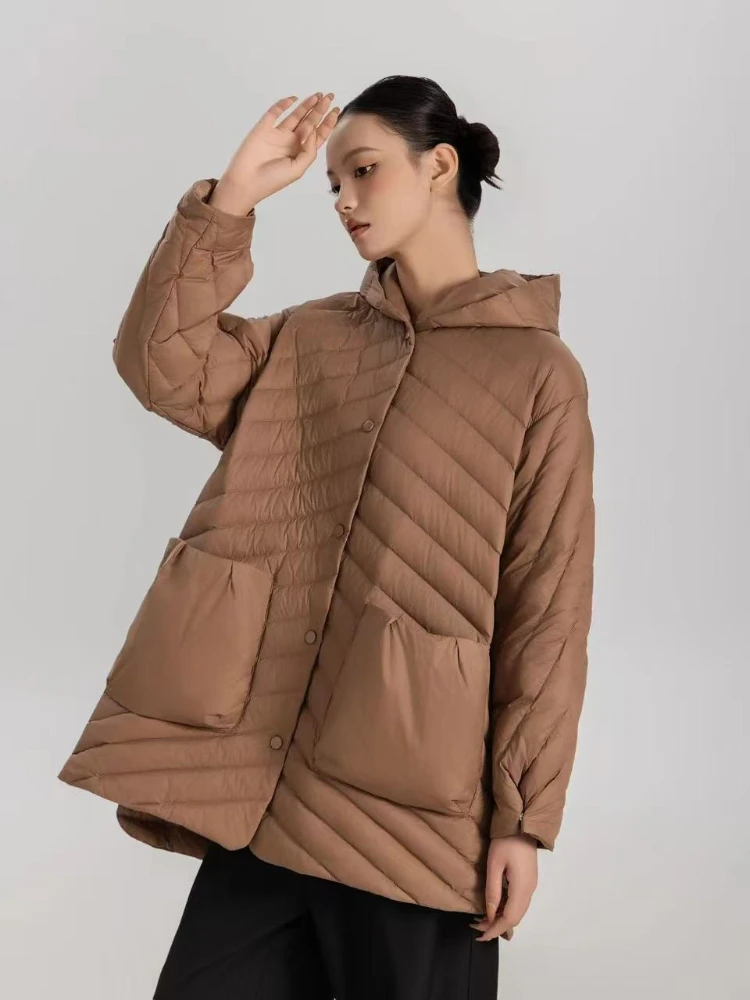 2025年冬 超軽量 パフジャケット レディース 90% ホワイトダックダウン コート ルーズ フード付き カジュアル パーカー 防風 ベーシック アウター
