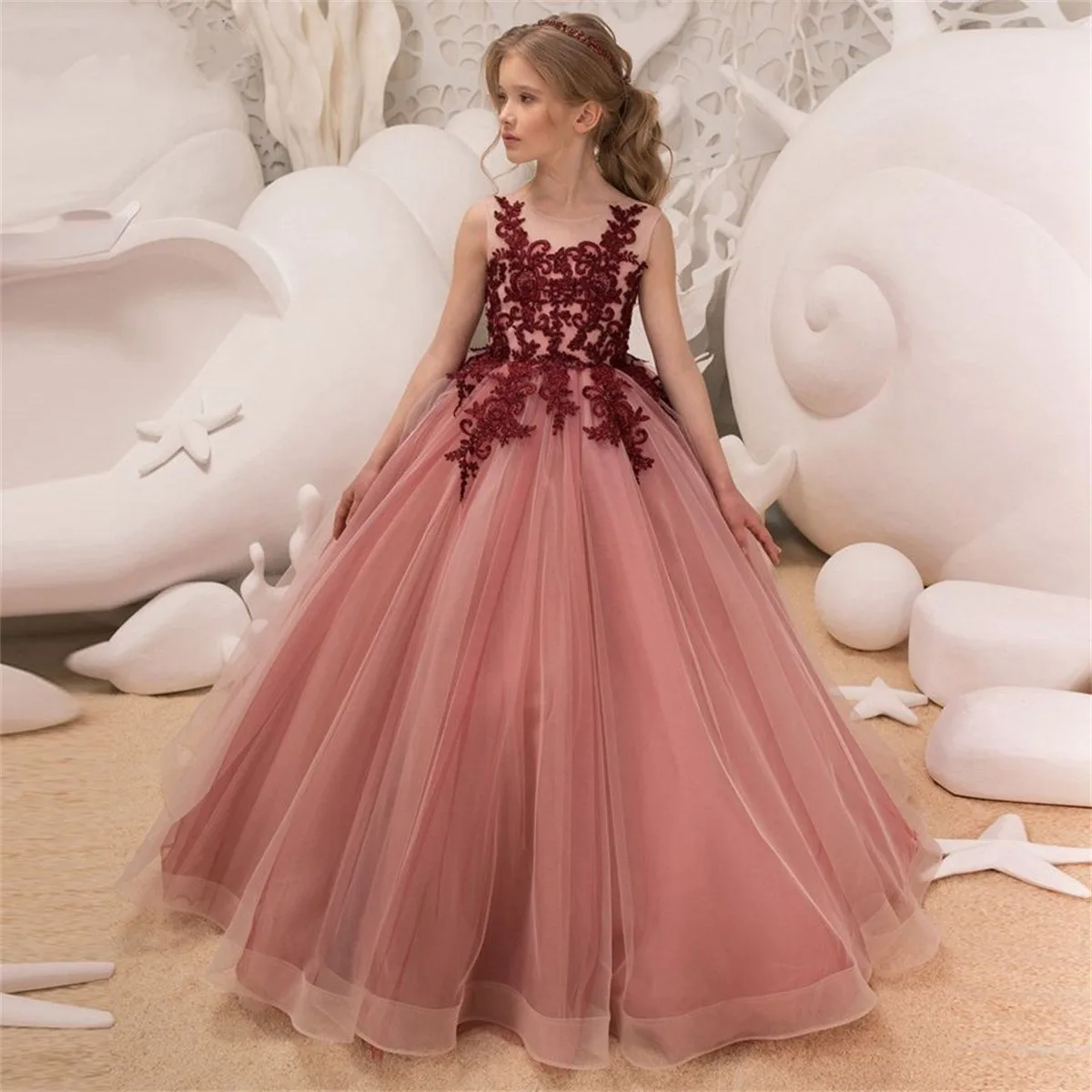 Red Applique Tulle Fluffy Flower Girl Dress For Wedding Sleeveless Kids Princess Birthday Party First Communion Ball Gowns