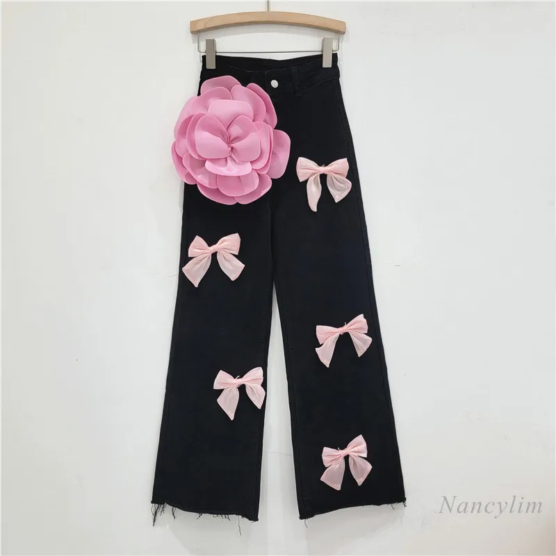 2024 Autumn New Niche Pink Bow Design Denim Trousers Women's All-Match Loose Straight Trousers Fashion Black Jeans