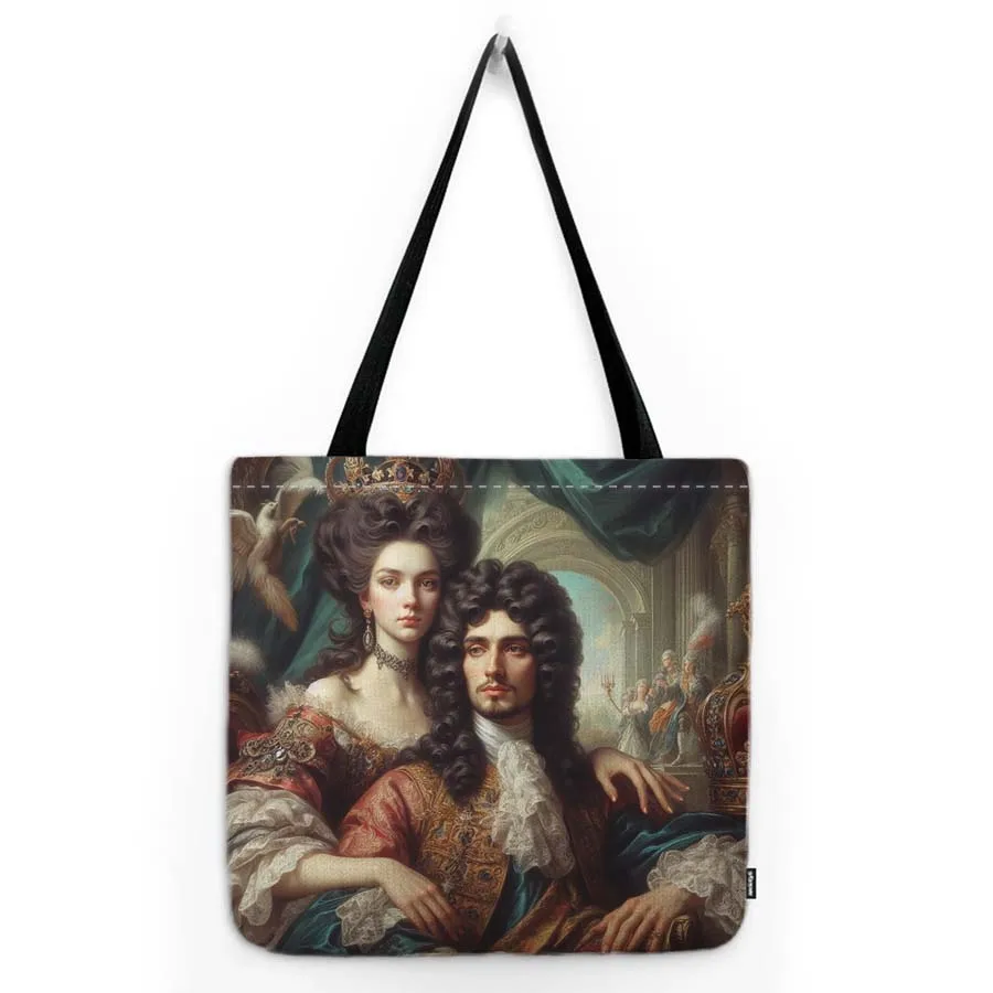 Royal Court European Victorian Era Queen And King Painting Art Water Resistant Cotton Linen Shoulder Grocery Bag Canvas Tote Bag