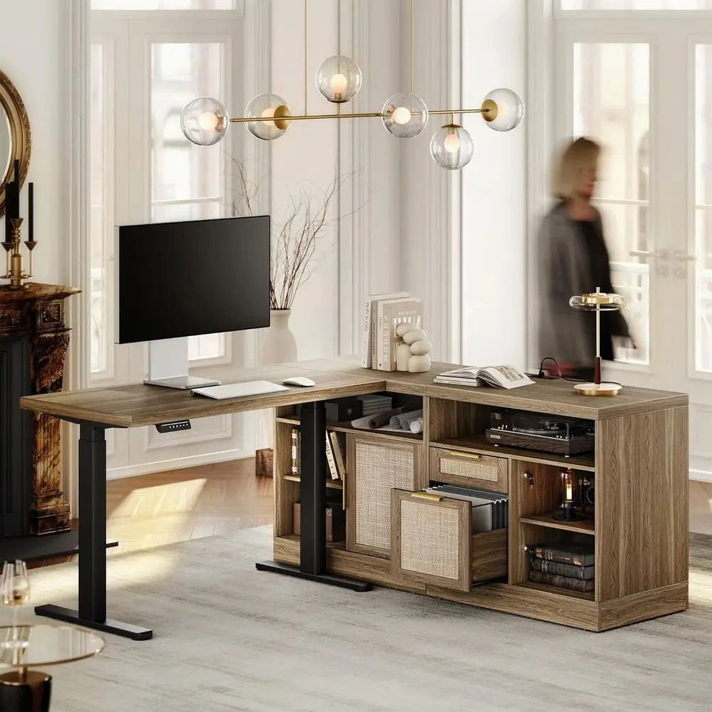 

L-образный электрический стол с регулировкой по высоте, стол для сидения 48x24 с 2 ящиками, портами переменного/USB, верхняя часть толщиной 1,18, отделка натурального дуба