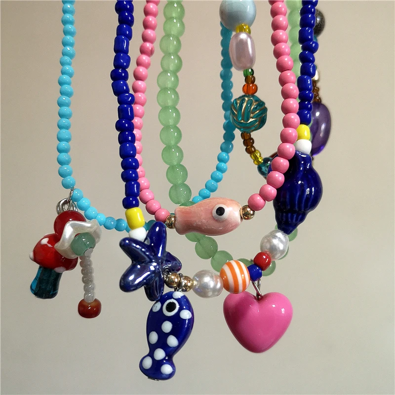 2025 Trend süße blaue Keramik Fisch Seestern rosa Harz Herz Anhänger Perlen Halsband Halskette für Frauen Harajuku Charme Zubehör