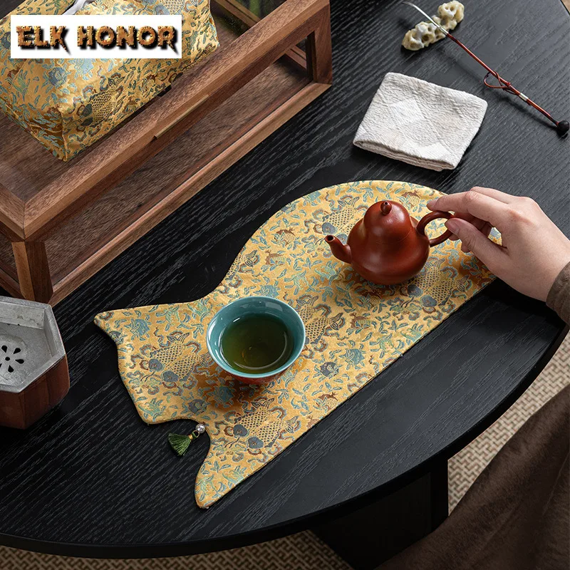 Brocade Floating Gold Cat Tea Table Mats Japanese Tea Flag Drink Coaster Household Dinner Table Cloth Mat Drinkware Ornaments