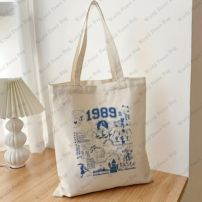 1pc 1989 pattern Canvas Shopping Bag, TS Merch Portable Shoulder Bag, taylor\'s version Trendy Tote Bag For Daily Life