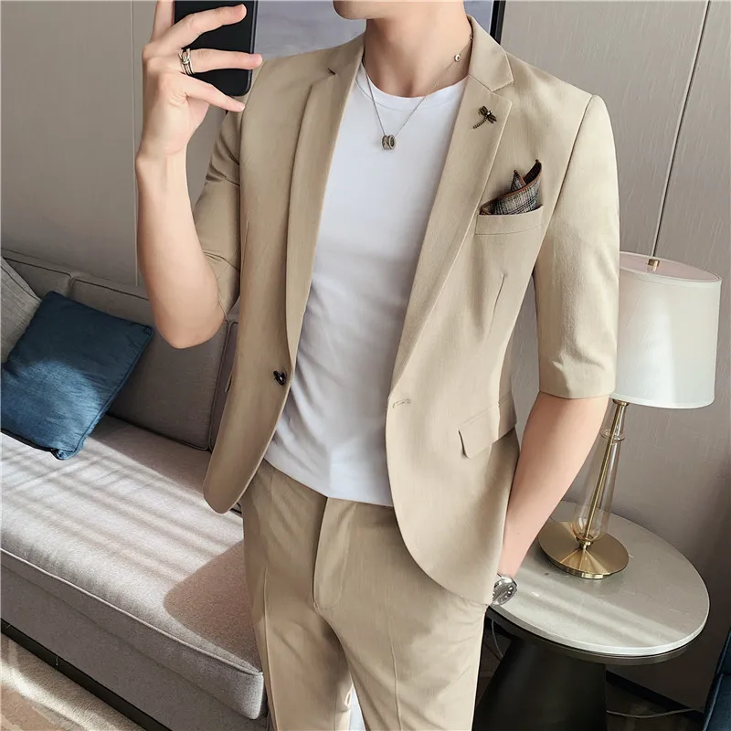 2022 Fashion Summer Short Sleeve Blazers Match Pant Slim Solid Color 2-piece High Quality Men Formal Office Party Tuxedo Suits