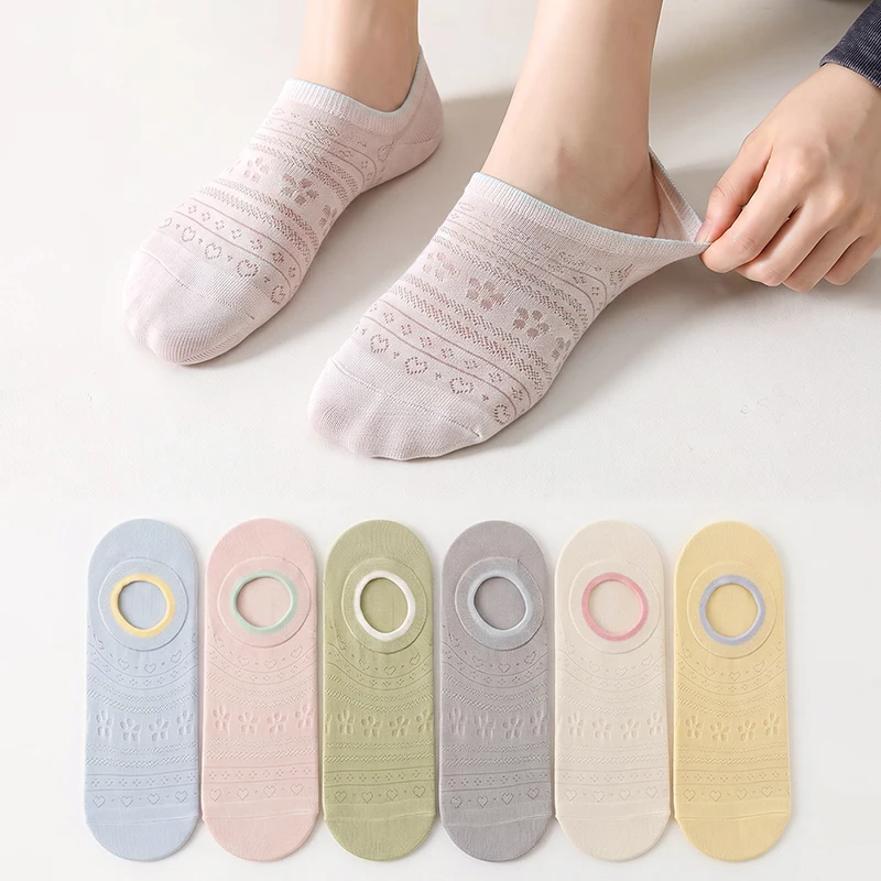 6 Pairs Women Invisible Socks Lace Openwork Cute Breathable Thin Soft Mesh Silicone Anti Slip for Flat Loafer Female Summer Sock