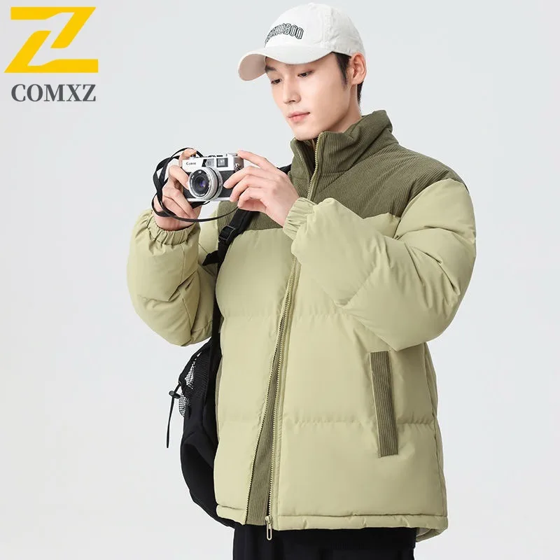 

COMXZ 50% Белый утиный пух, вельветовый лоскутный пуховик, мужской короткий стиль с воротником-стойкой, 50% пуховое пальто, утолщенная верхняя одежда