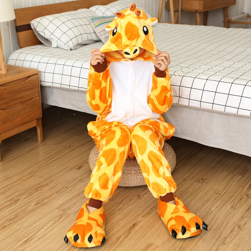 Adult Animal Cartoon Pajamas Women Sleepwear Unisex All in One Pyjamas Animal Suits Cosplay Giraffe Garment Pijama Winter Onesie