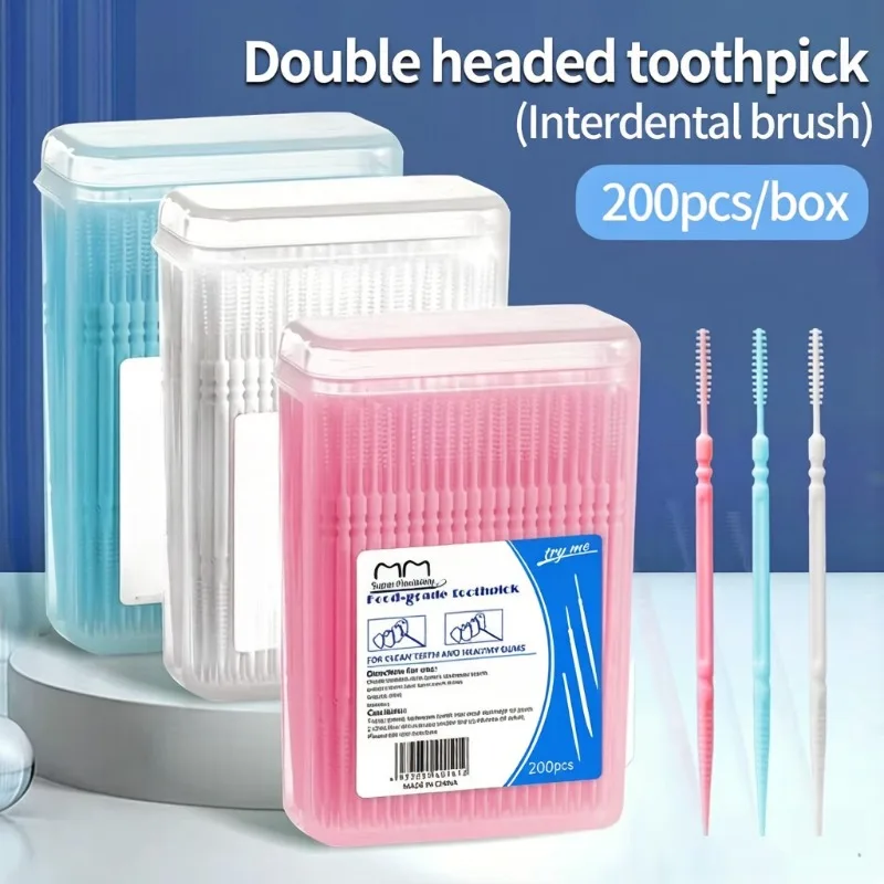 200pcs Double Head Dental Floss Brush 2-in-1 Disposable Plastic Multicolor Dental Pick Braces Cleaner Brush Oral Care Toothpicks