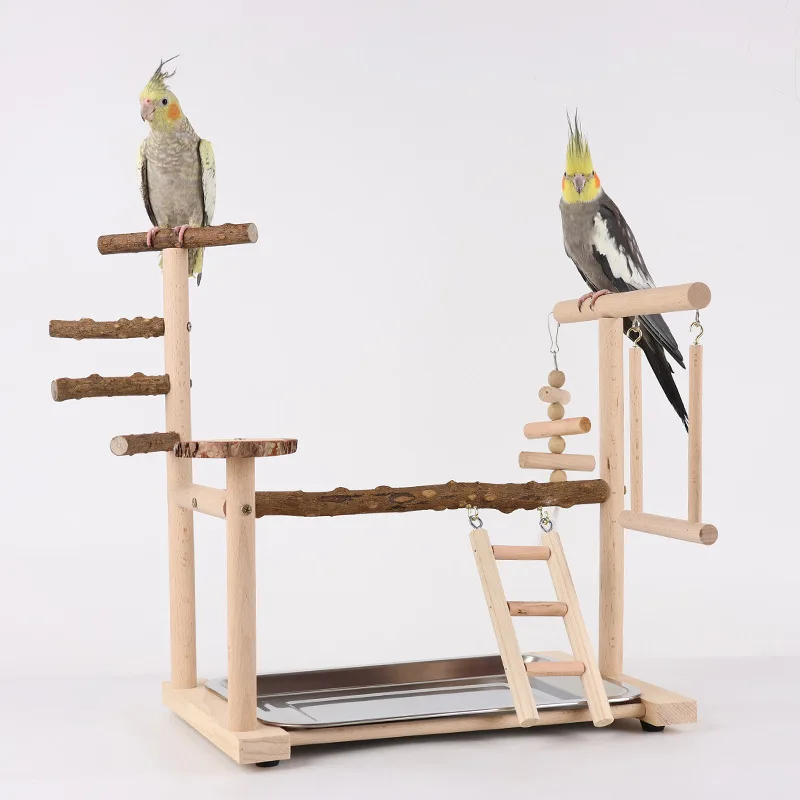 Peppercorn Wood Parrot Perch With Climbing Mesh, Training Stand, Cloud Ladder Swing, Bird Toy Suspension Bridge