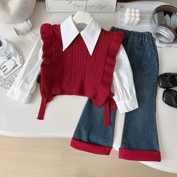 2025 herbst Neue Koreanische Mädchen Pullover Weste Hemd Jeans Drei-Stück Baby Temperament Anzug 90-140 cm