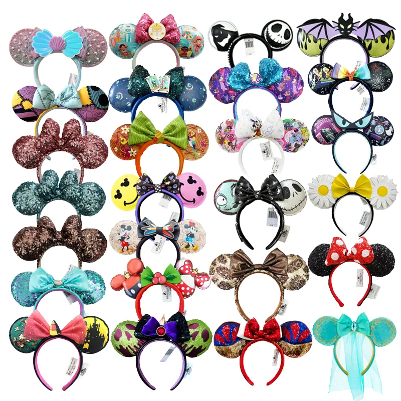 2025 Disney Mickey Headband Princess Rapunzel Snow White Sequin Bow Hair Hoop Gift Girl Accessories Christmas Sally Jack