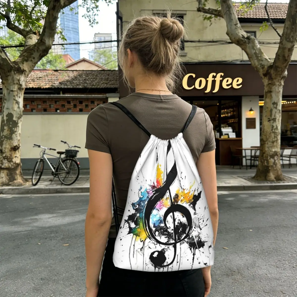 

Splash Ink Music Note Backpacks Fashion Drawstring Bundle Pocket Sports Bag Book Bags for Man Woman Students