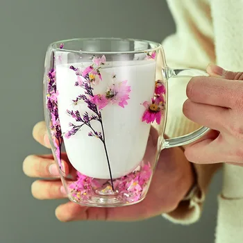 350ml Artificial flower Pattern Heat Insulated Quicksand Water Cup Double Walled Glass Coffee Mug Reusable Handwash Glassware