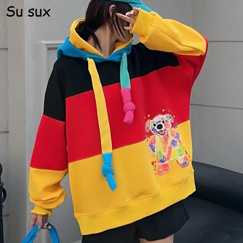 

Multicolour Patchwork Cartoon Oversized Hoodies Y2k Sweatshirt Women 2024 Autumn Winter Casual Loose Sweater Tops Vestidos