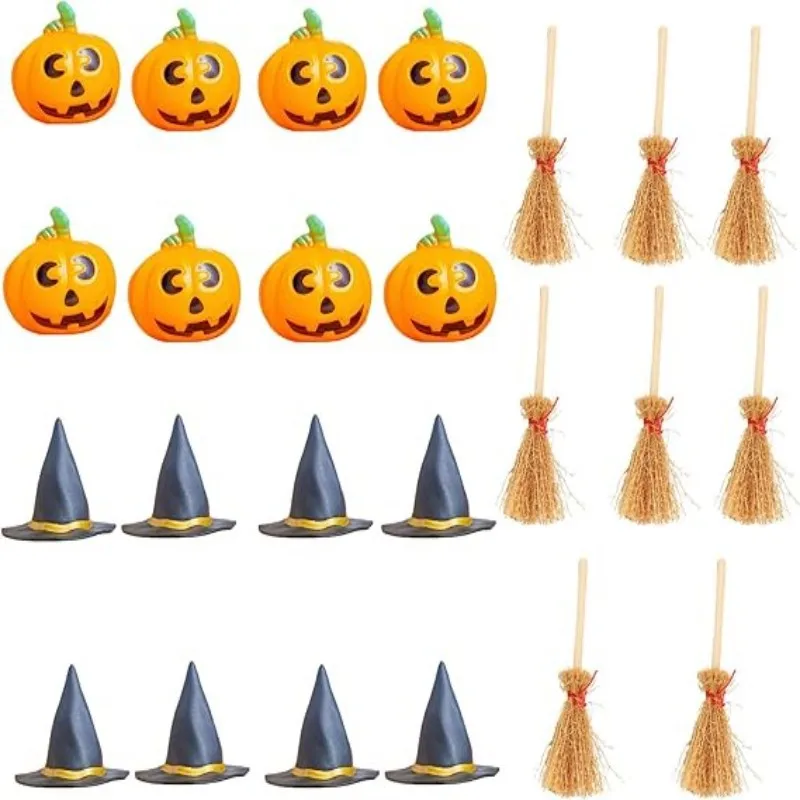 

24 Pcs Halloween Mini Witch Hat & Broom Set 8 Witch Hats, 8 Brooms, 8 Pumpkin Heads - Halloween Party Favors, Decoration