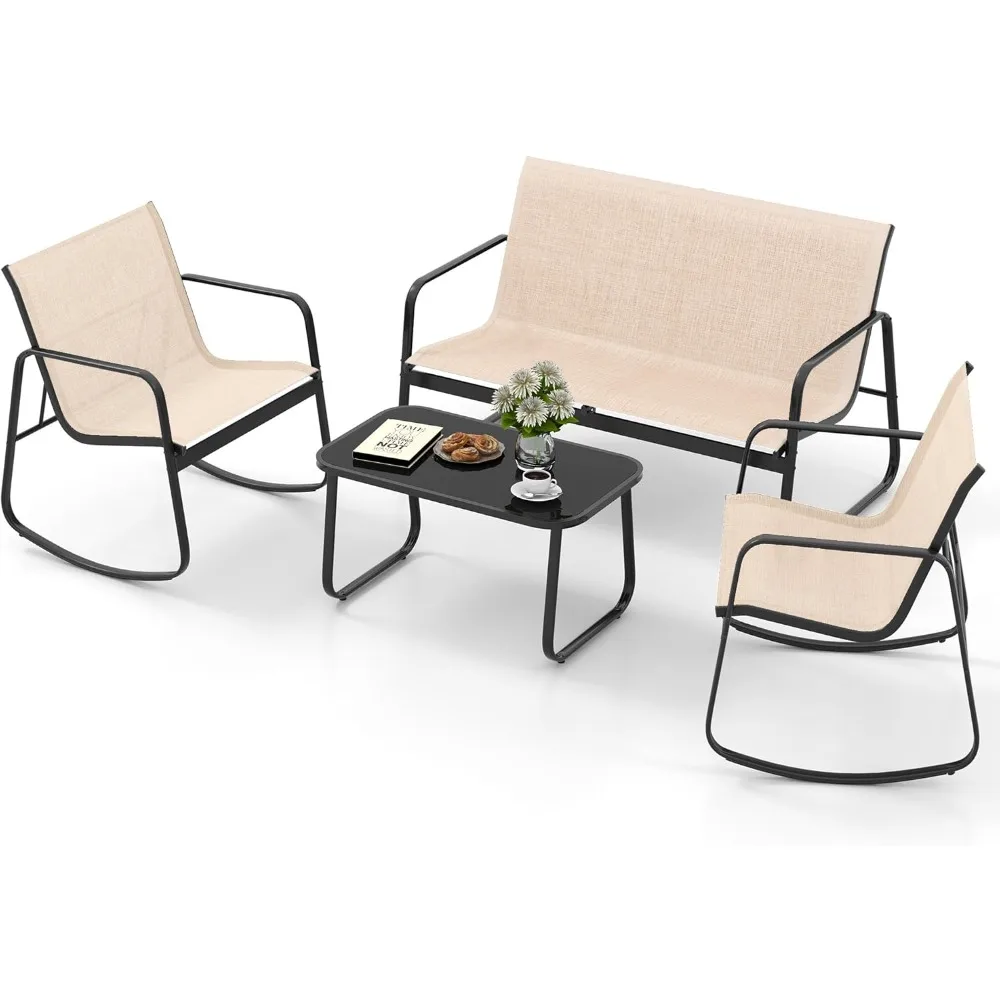 4 Piece Patio Furniture Set, Outdoor Conversation Sets for Patio, Lawn, Garden with Rocking Chair Set of 2 and Glass Table