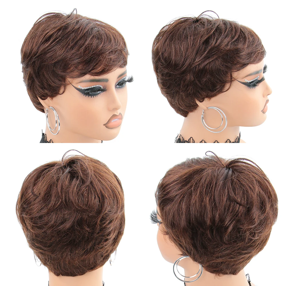 Chocolate Brown Short Pixie Cut Wig Human Hair For Black Women Machine Made Wigs With Bangs Brown Pixi Short Human Hair Wigs