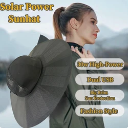 15W/30W Solar Power Sunhat USB Type C Dustproof Waterproof Sun Block Outdoor PC Tablet Hiking Camping Fishing Battery Bank