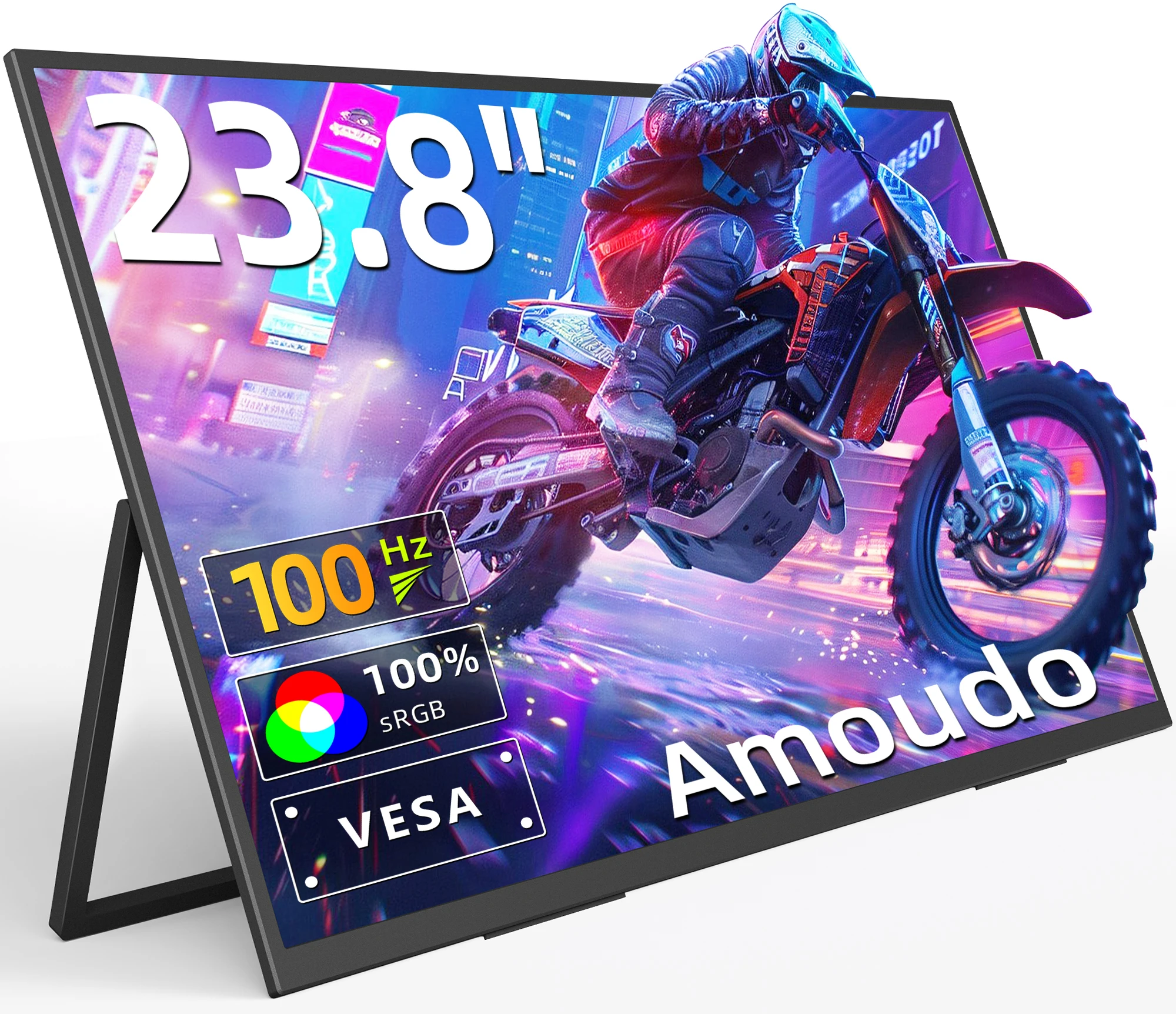 Moniteur portable Amoudo 23,8 pouces 1080P HZ compatible VESA, support de bureau large, écran IPS, extension d'affichage pour PC portable