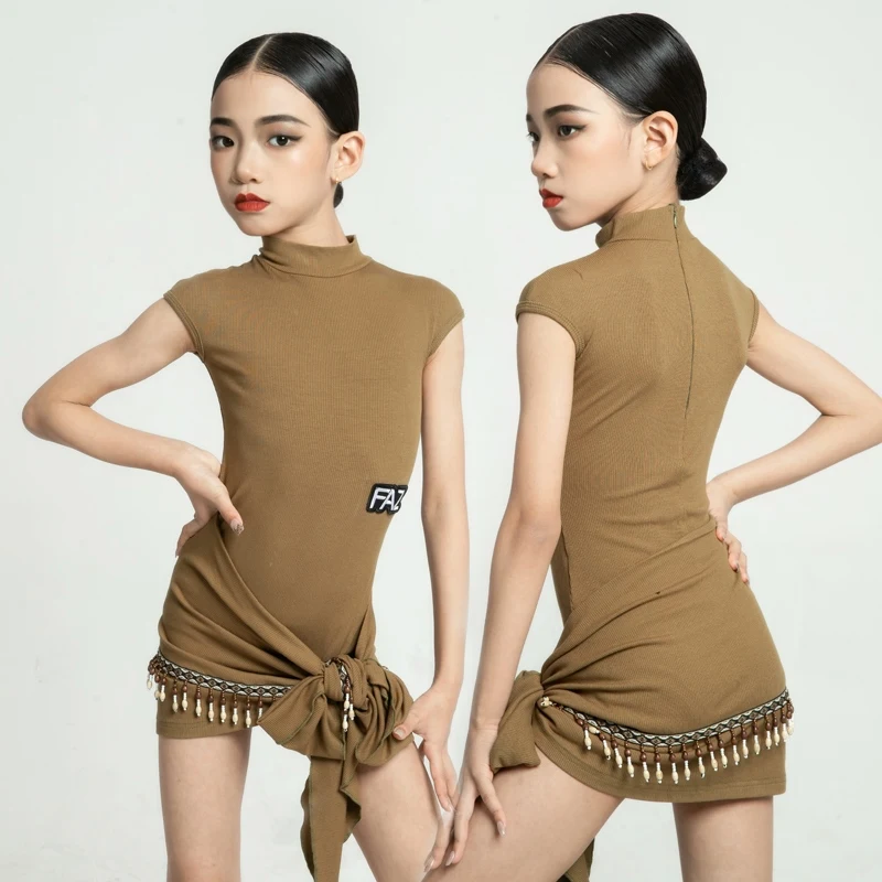 

Тренировочная одежда для латинских танцев, костюм для латинских танцев с высоким воротником для девочек, танцевальная одежда для румбы и самбы, летний танцевальный костюм AMY1636