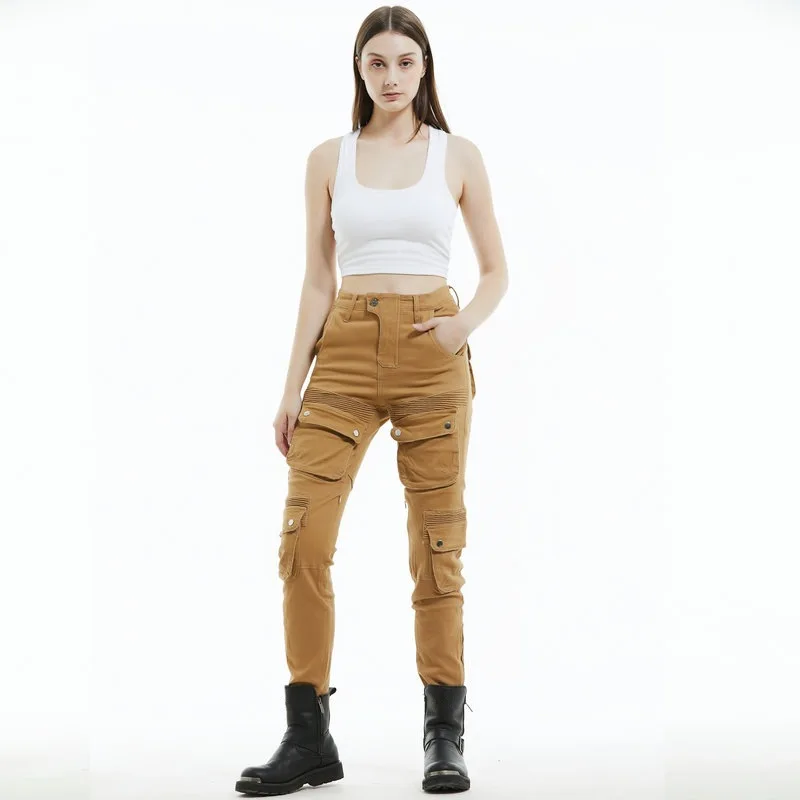 

Fashion Women Vintage Khaki Cargo Motorcycle Riding Pants, Casual Multi Pocket Biker Motorbike Trousers