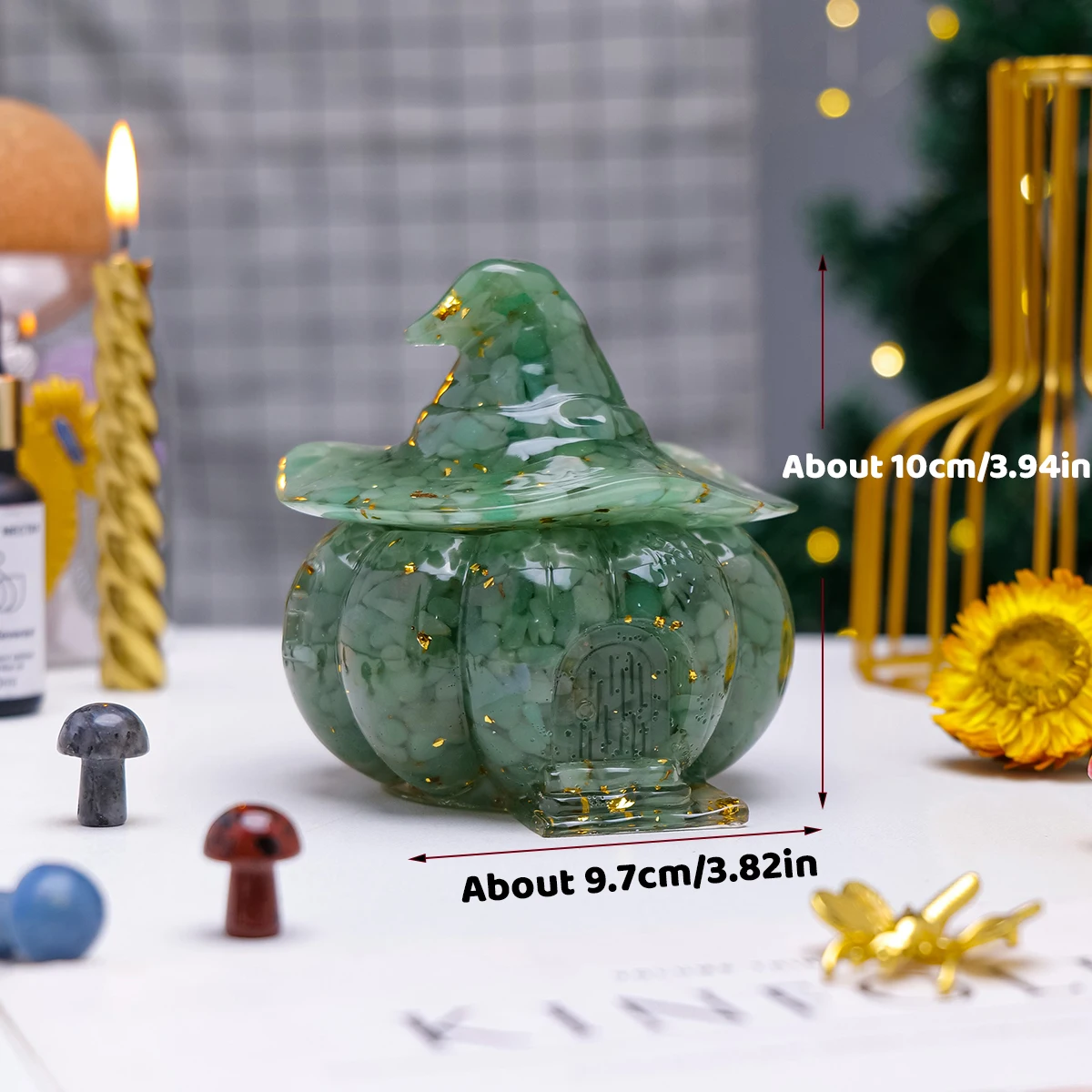 1pc Natural Crystal Gravel Drip Resin Pumpkin Halloween Witch Pumpkin House Storage Box Candy Jar