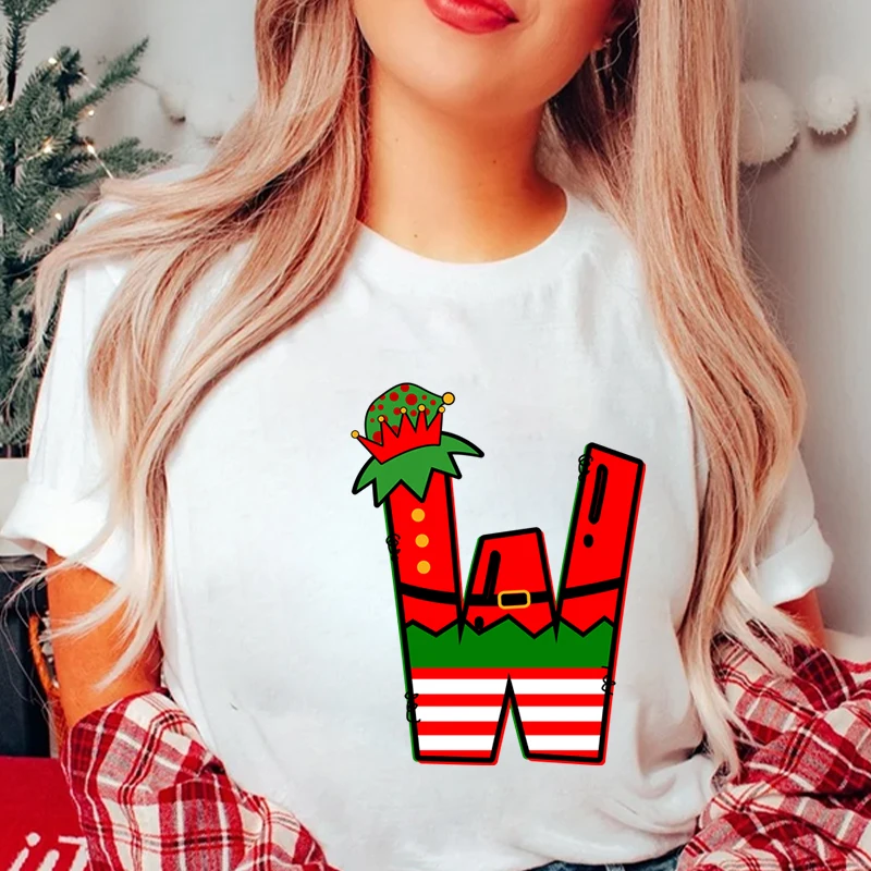 Women’s Christmas Alphabet A-Z Graphic Print T-shirt, Casual Streetwear Tee, Holiday Party Santa Letter Print Female Clothing