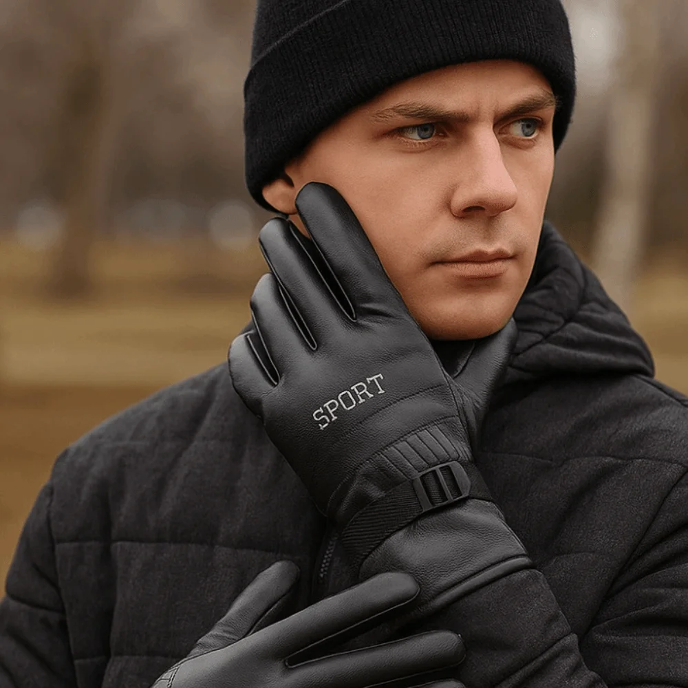 

Gift Black Winter Ski Gloves Keep Warm Multifunction Men Leather Mittens Full Finger Thermal Driving Gloves Outdooor