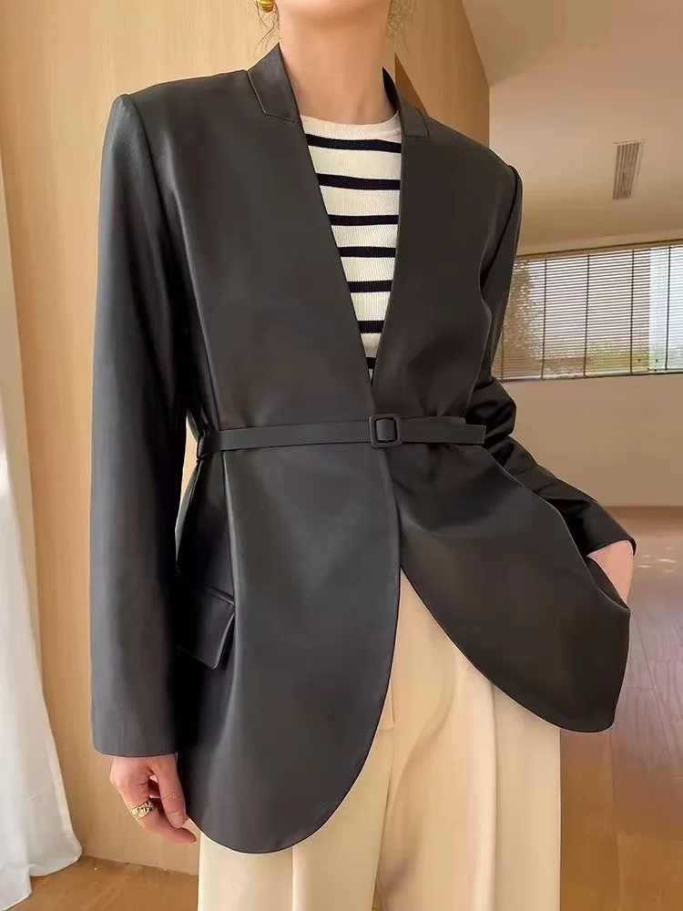 패션 봄 여성 의류 우아한 여성 정품 가죽 코트 V 넥 벨트 자켓 streetwear 블랙 오피스 레이디