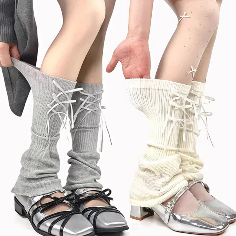 Damskie jesienno-zimowe skarpetki kawaii z warstwowymi kokardkami, jednokolorowe skarpetki z kokardką dla dziewcząt, modne, uniwersalne ocieplacze na nogi, słodkie pończochy JK.