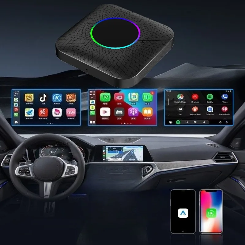 Moduł interfejsu multimedialnego All-Net Car z obsługą CarPlay i Android Auto, przewodowego i bezprzewodowego, Qualcomm, 8 GB RAM, 128 GB ROM, akcesoria.