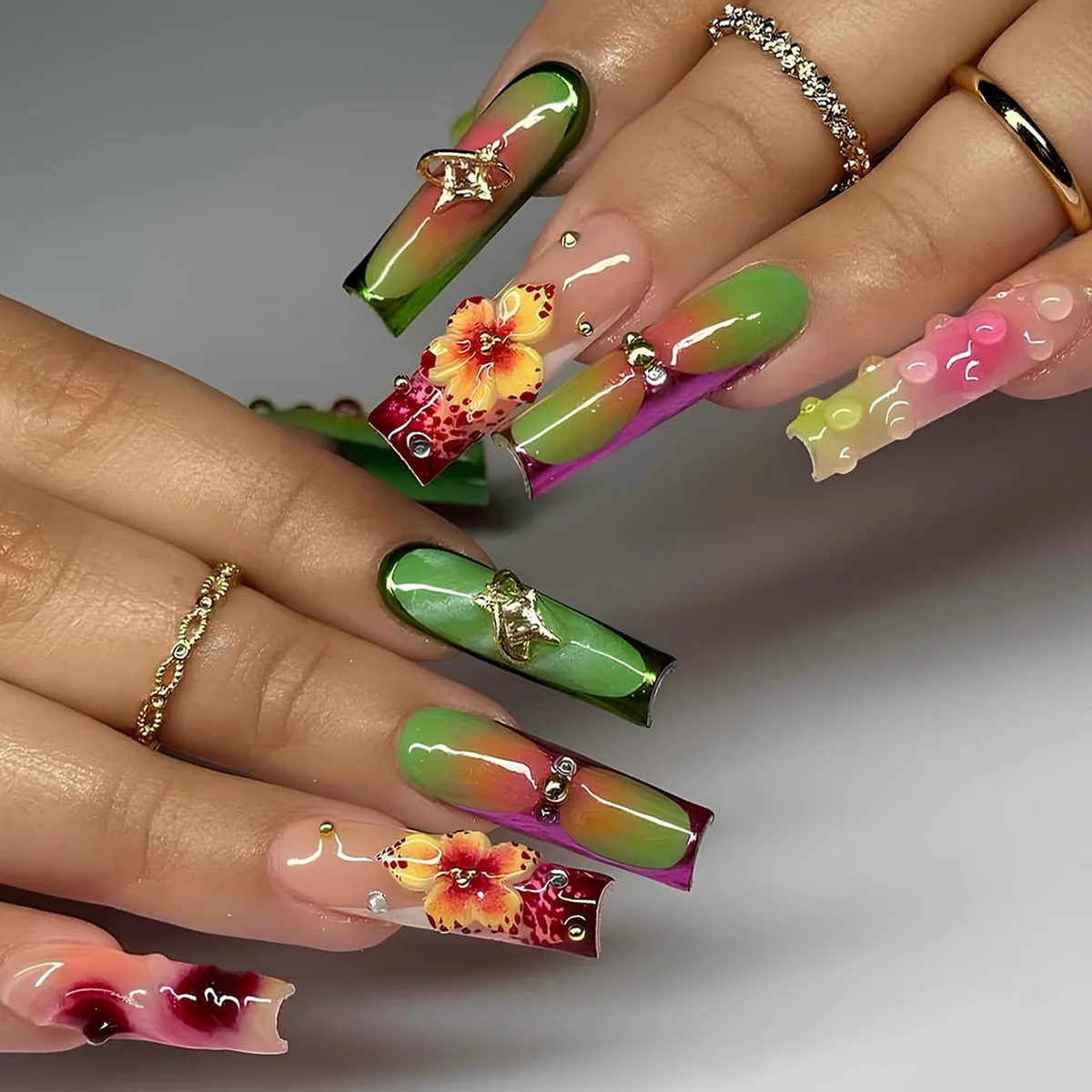 

24PCS Long Square Press on Nails Green Pink Gradient 3D Floral Bear Charm Design Gold Star False Nails Tropical Y2K Manicure