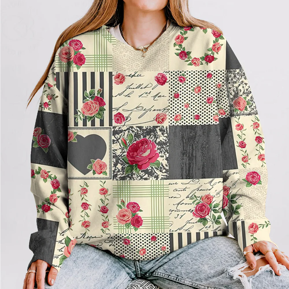 Retro Check Flowers Women\'s Long Sleeve Sweatshirts Casual Blouse Round Neck For Women Clothing Fashions 2024 New Autumn/Winter