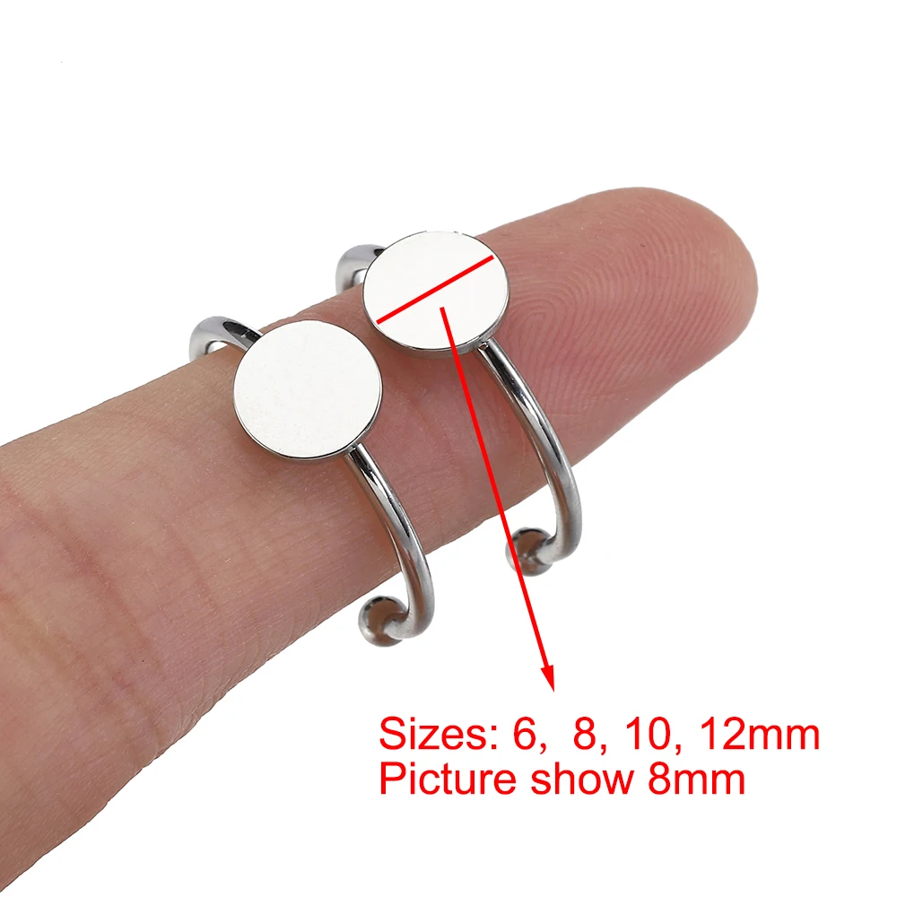 5/10pcs Stainless Steel Adjustable Ring Settings 6/8/10/12mm Round Flat Blank Base Glass Cabochons Ring Bezel DIY Jewelry Making image 6