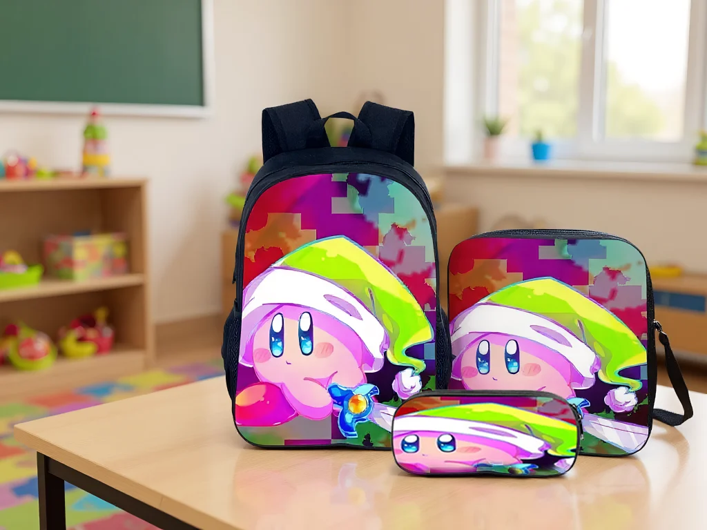 

Kirby Student Daily Knapsack 3Pcs Set-Classic Multifunction Backpack and Cute Canvas Side Bag Pencil Case for Kid