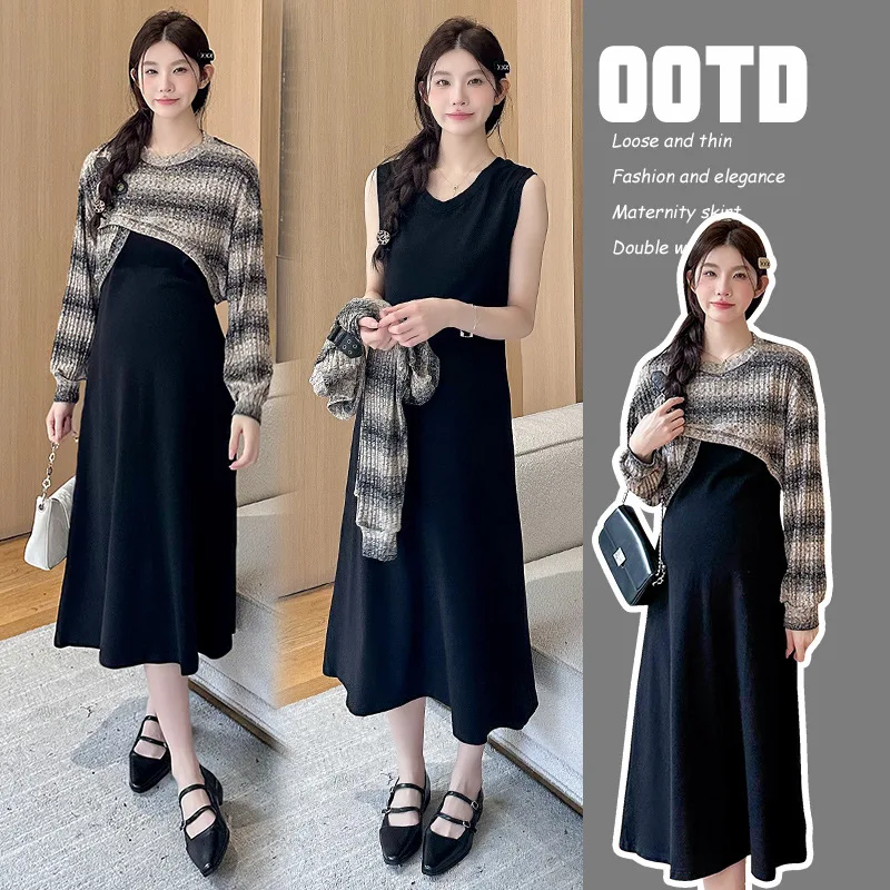 

Early Autumn Maternity Set New Fashion Knit Top with Slimming Vest Dress Elegant Two Piece Outfit for Pregnant Women