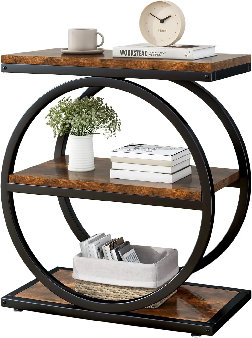 

Narrow End Table with 3 Shelves, Industrial Sofa Side Table, Double Round Metal Frames, Slim Nightstand