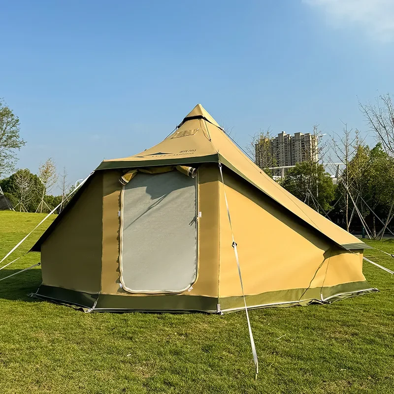 Large Pyramid Bell Tent for Outdoor Camping Waterproof Rainstorm Proof Khaki Indian Style Yurt for Picnic and Glamping