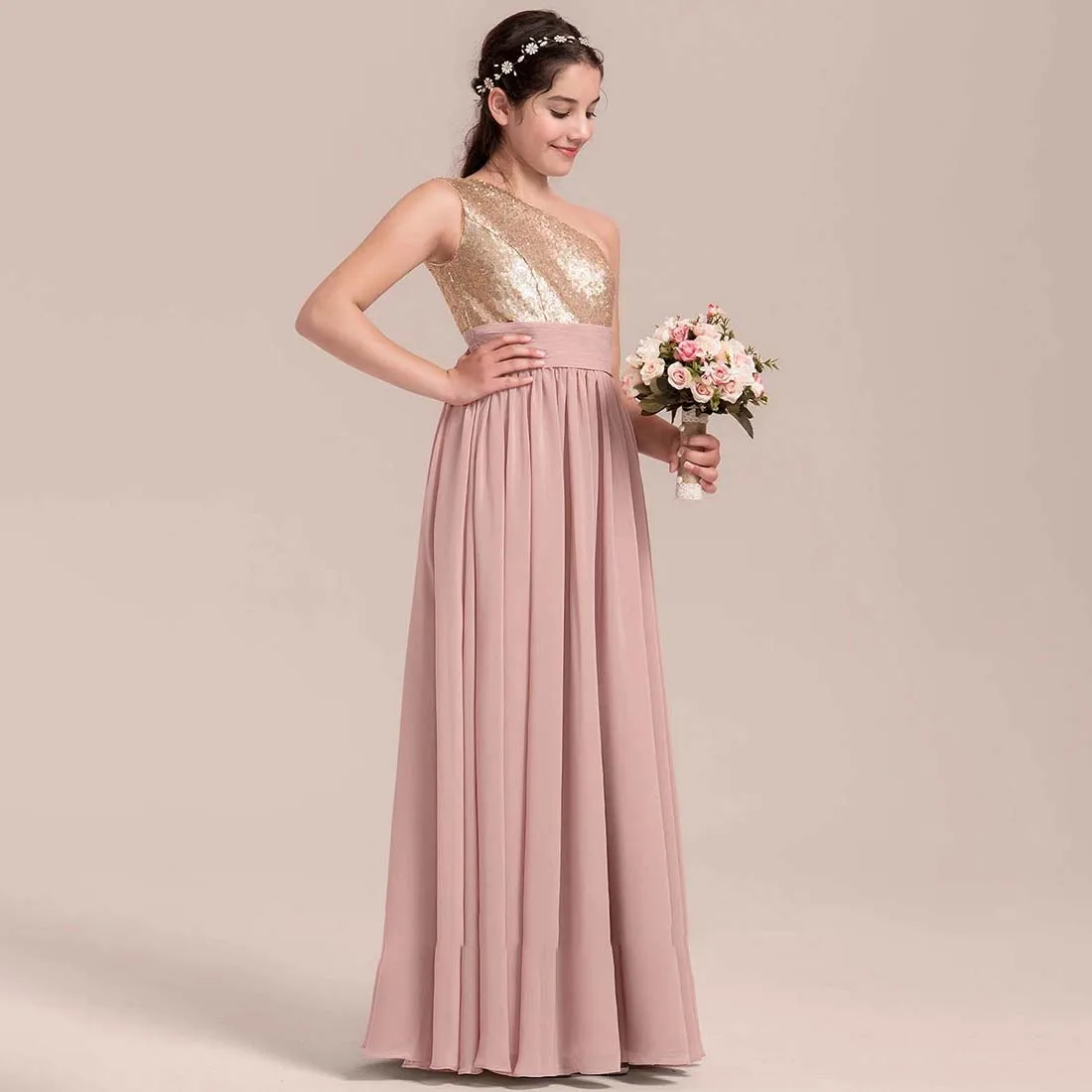 YZYmanualroom Chiffon Sequined Junior Bridesmaid Dress A-line One Shoulder Floor-Length 2-15T