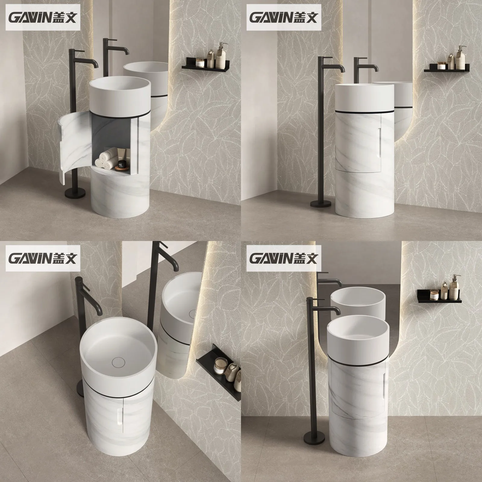 Gavin One-Piece Floor-Standing Marble Pattern PMMA Washbasin Round Storage Pedestal Sink Artificial Stone Vanity
