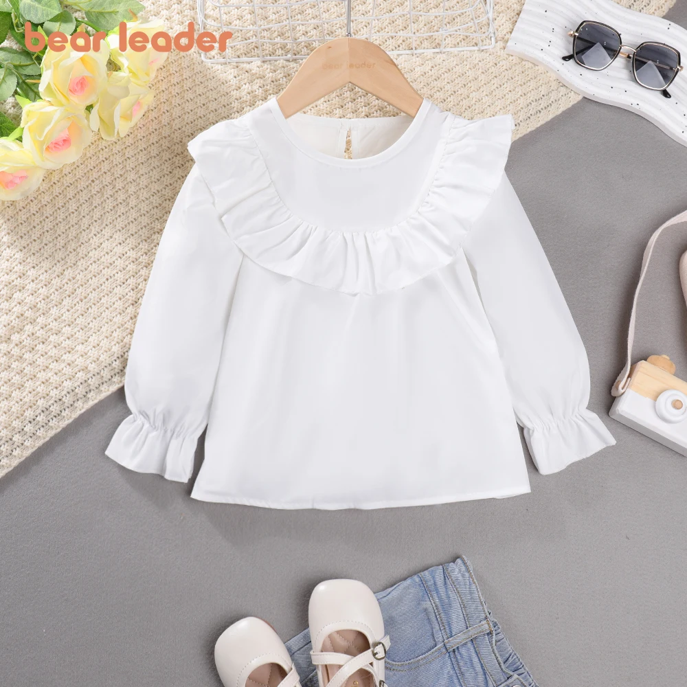 Bear Leader Girls' Spring & Autumn Top New Ruffled Round Neck Top Fashion Versatile Long Sleeve Top Fashion Children's Clothing