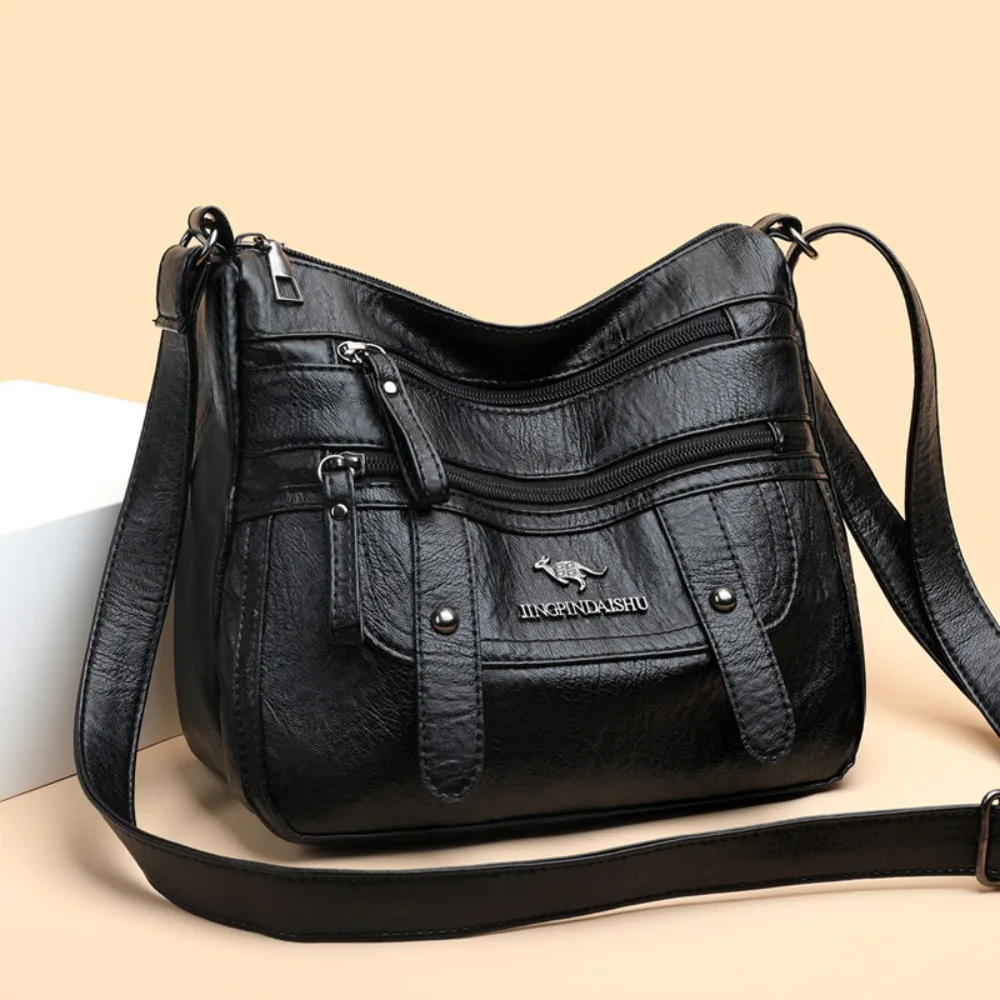 

Retro Multi Pocket Shoulder Bag Zipper Durable Middle Aged Mom Bag Soft Leather Multiple Usages Ladies Messenger Bag Daily