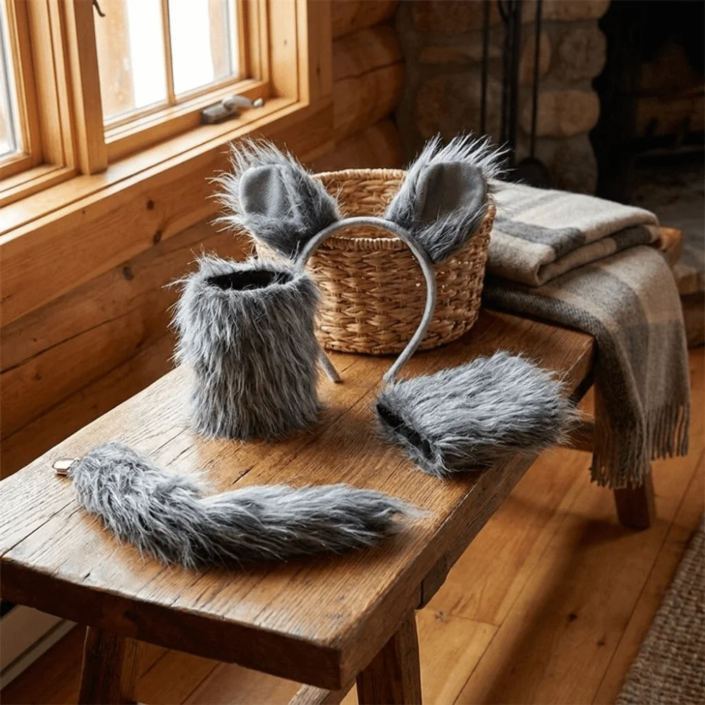 4pcs/set Furry Gray Wolf Costume Set Exquisite Faux Fur Wolf Ear Headband Fluffy Lightweight Animal Cosplay Outfit Halloween