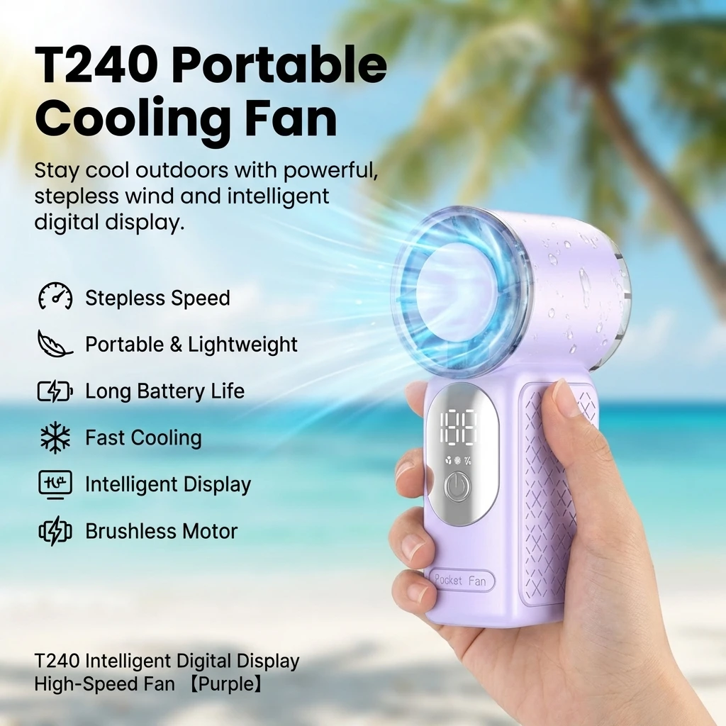 Mini Handheld Fan Brushless Motor Cooling Fan With Digital Display 199 Speed Levels Portable Outdoor USB Rechargeable Pocket Fan