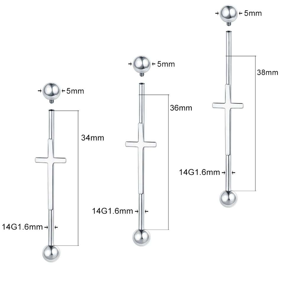 1Pc 14G Steel Industrial Barbell Piercings Cross Tongue Bar Nipple Ring Ear Cartilage Helix Piercing Body Jewelry 34/36/38mm