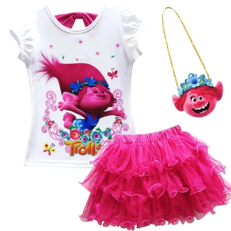 Ropa para niños Poppi, camiseta de Anime T-Trolls para niñas + falda, 2 uds., disfraz para fiesta de cumpleaños, vestido de verano, vestido de manga corta con dibujos animados ZanCos
